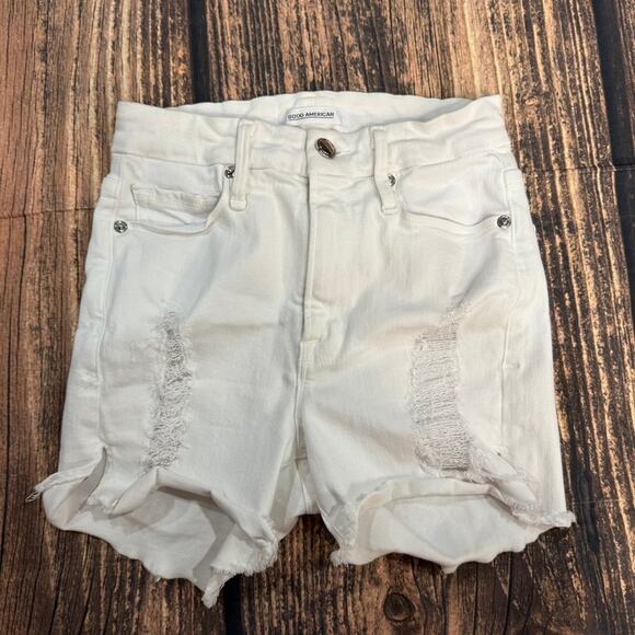 Good American Women's White High Rise Cut Off Distressed Denim Shorts Size 00 - Picture 1 of 4